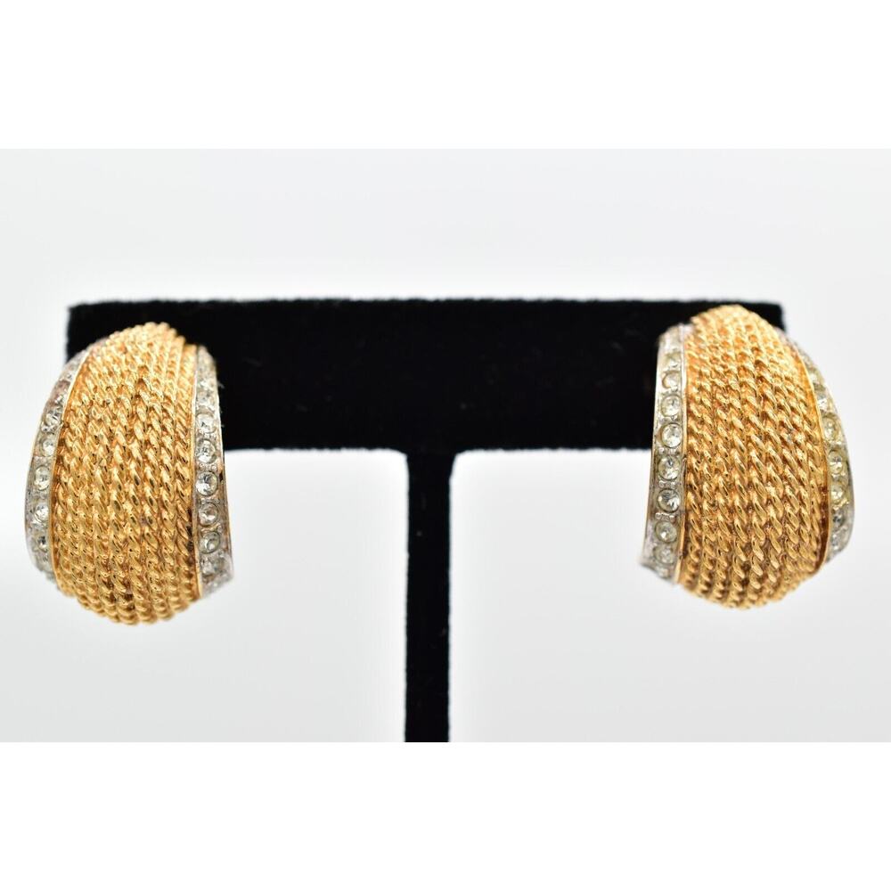 D'orlan Vintage Clip Earrings Rhinestone Crystal Gold Heavy Chunky Signed BinBF